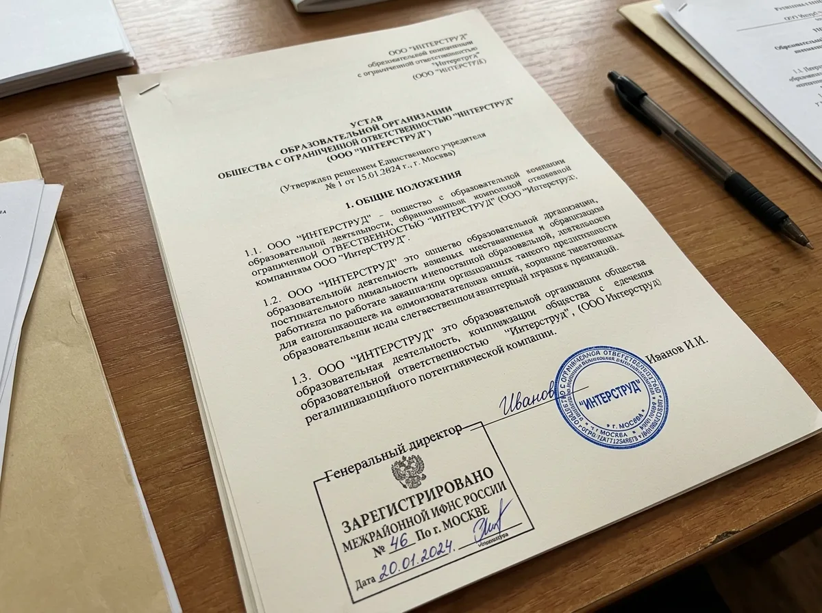 Устав образовательной организации ООО ИнтерСтруд, зарегистрированного в ИФНС, официальный документ с синей печатью и подписью директора